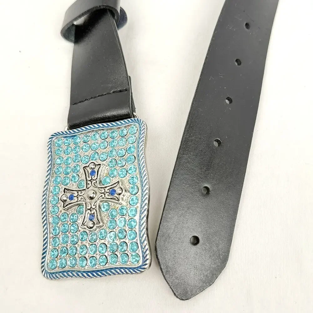Vintage Express Leather Belt Rhinestone Cross Buckle Y2K Whimsygoth L